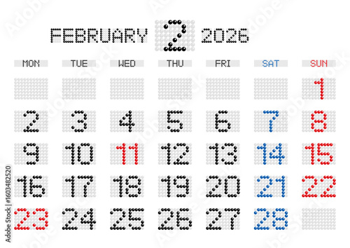 2026年2月の電光掲示板風カレンダー 月曜始まり