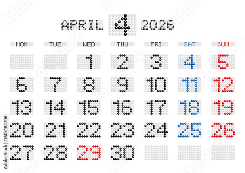 2026年4月の電光掲示板風カレンダー 月曜始まり