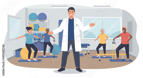 Smiling Doctor Supervising Physical Therapy Exercises in Clinic.