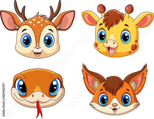 Illustration of Cute wild animal head. cartoon set collection
