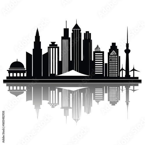 Dynamic urban cityscape vector illustration: a panoramic city skyline silhouette with towering buildings and architectural landmarks under a dramatic sky