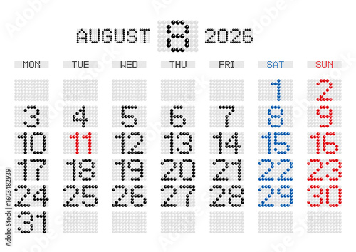 2026年8月の電光掲示板風カレンダー 月曜始まり