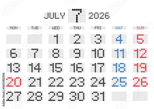 2026年7月の電光掲示板風カレンダー 月曜始まり