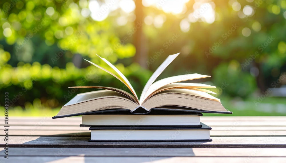 Fototapeta premium Open book rests peacefully outdoors
