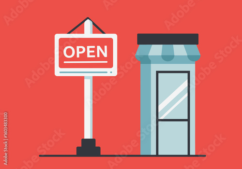 A shopfront with a blue awning and a sign that says OPEN against a coral background