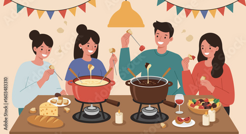 Friends Enjoying a Cheese and Chocolate Fondue Party.