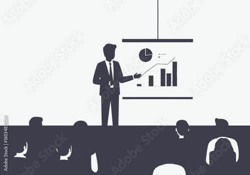 An illustration of a business presentation given by a person in front of an audience