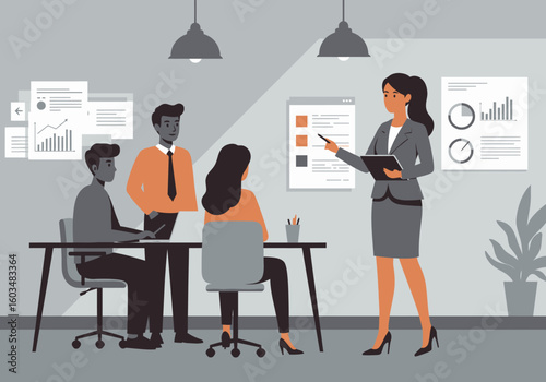 Business meeting woman presents to colleagues chart papers on wall office scene