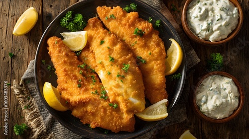 Southern fried catfish fillets with lemon and dipping sauce.
