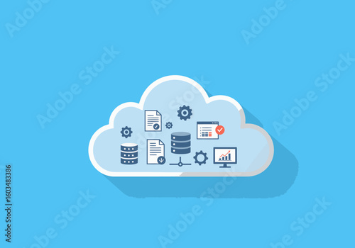 Cloud computing illustration showcasing database gears documents a computer screen with a graph and an application with a red checkmark