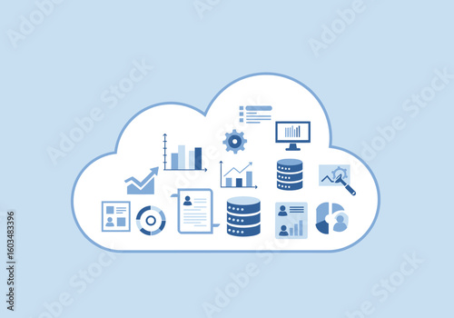 Cloud shape filled with data analysis  processing icons on light blue background