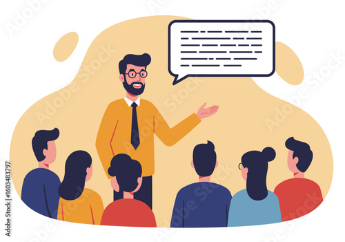 Speaker addresses six people gesture and speech bubble of text