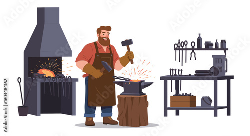 Smiling Blacksmith Working with Hammer and Anvil.