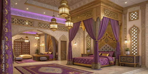 Arabian nights princess bedroom with rich gold and purple tones, lanterns, and exotic patterns.
