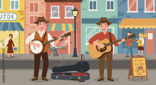 Street Musicians Playing Banjo and Guitar Smiling.