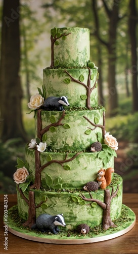 Forest-themed, multi-tiered wedding cake