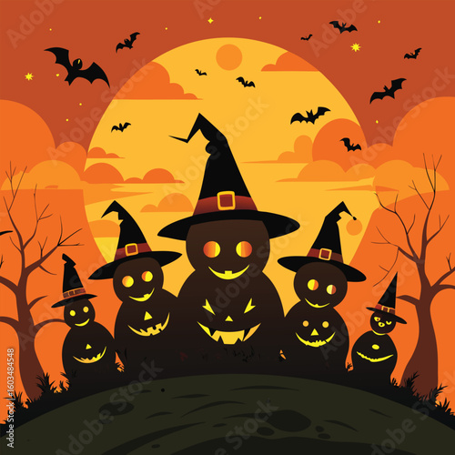 Spooky Halloween night with a haunted house, flying bats, and a scary pumpkin under the moon vector illustration