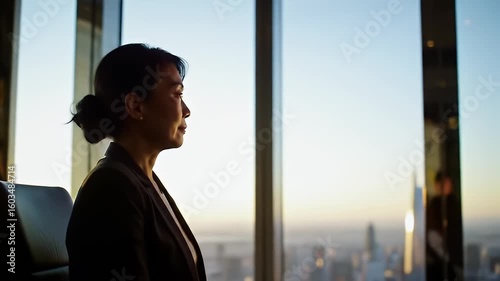 Businesswoman looking out office window at sunset