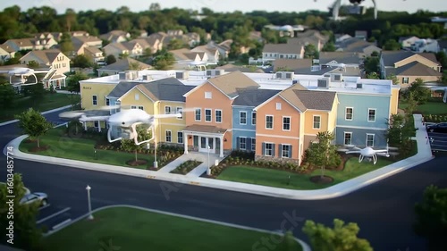 Aerial view of suburban residential neighborhood