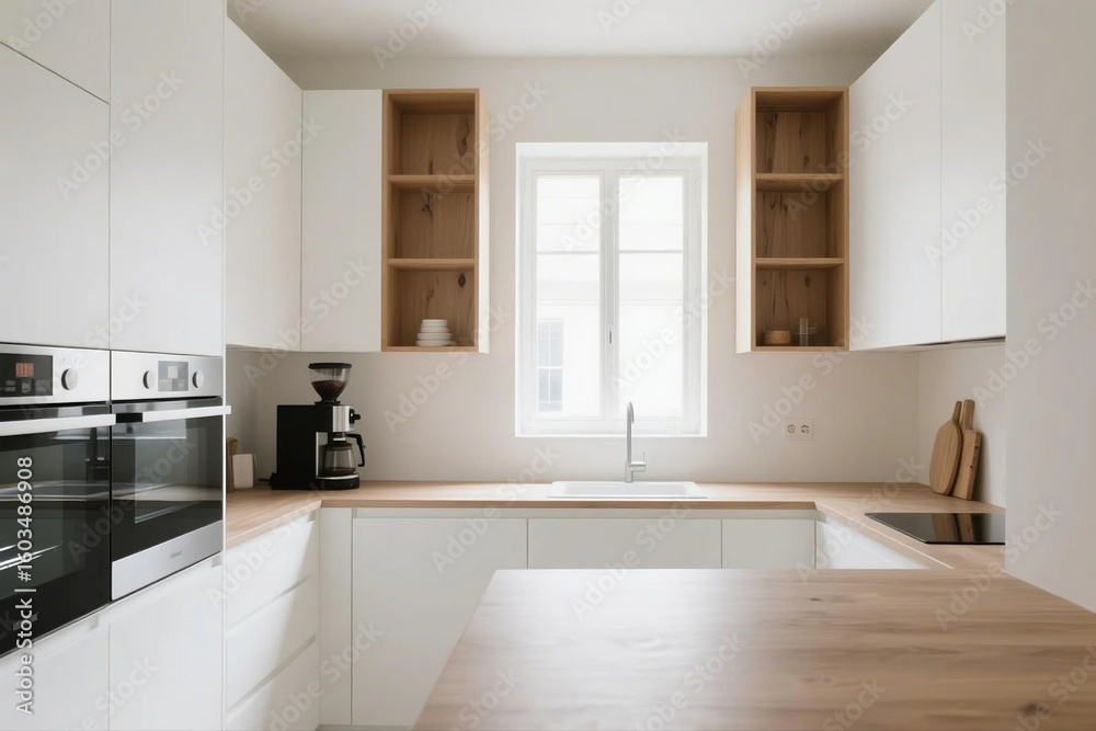 Fototapeta premium Bright, modern kitchen featuring white cabinets, light wood countertops, a window, and built-in appliances.