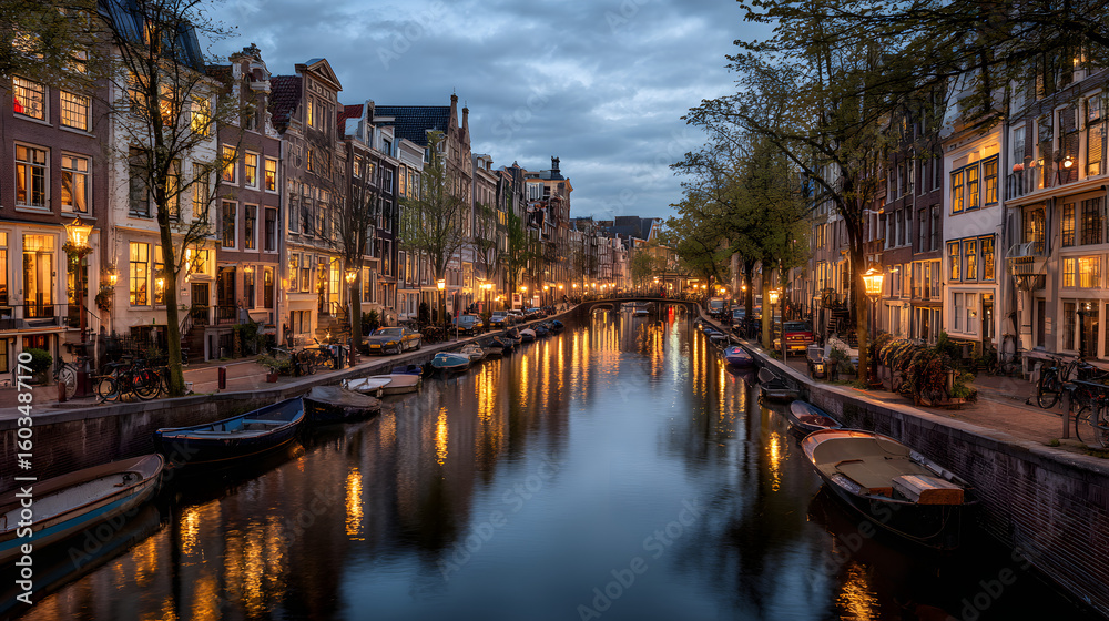 Obraz premium Canals reflecting golden city lights at dusk, portraying serene European charm.