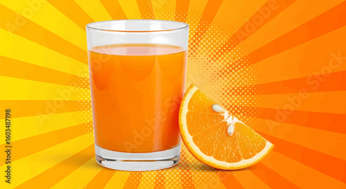 Vibrant glass of freshly squeezed orange juice with a ripe orange slice, set against a dynamic pop art sunburst background
