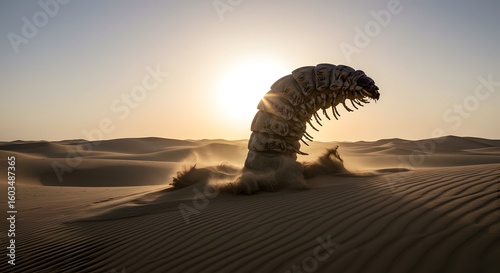 A colossal sandworm breaches the desert surface, silhouetted against the setting sun, kicking up sand.
