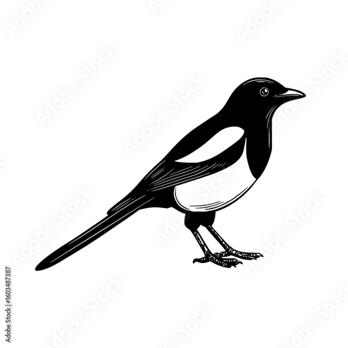 Black and white magpie bird illustration vector drawing wildlife avian animal design nature ornithology art