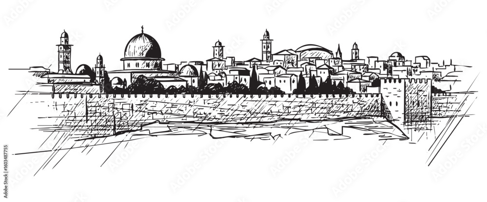 Fototapeta premium jerusalem cityscape tall building engraving sketch vector illustration
