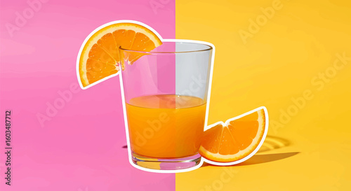 A vibrant glass of cold orange juice with a fresh fruit wedge on a colorful yellow and orange background, a perfect healthy beverage.