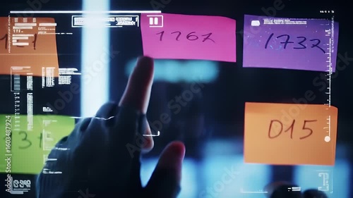 Finger pointing at sticky notes on glass wall