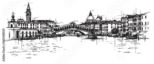 venice italy cityscape tall building engraving sketch vector illustration