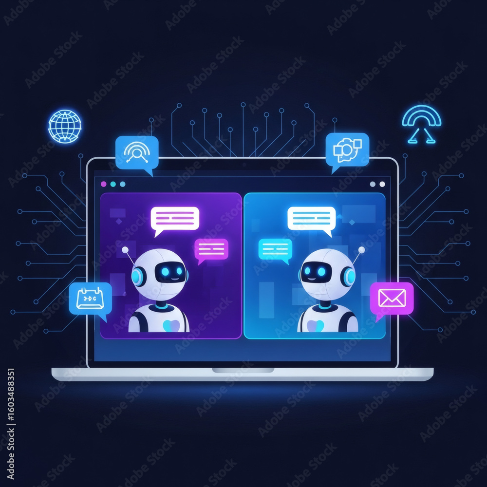 Fototapeta premium Two AI chatbots converse on a laptop screen, showcasing digital communication and technological advancement.