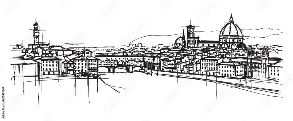 florence italy cityscape tall building engraving sketch vector illustration