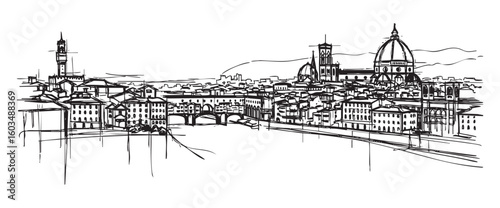 florence italy cityscape tall building engraving sketch vector illustration