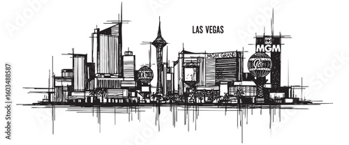 las vegas cityscape tall building engraving sketch vector illustration