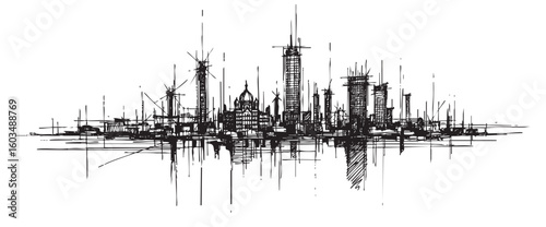 mumbai india cityscape tall building engraving sketch vector illustration