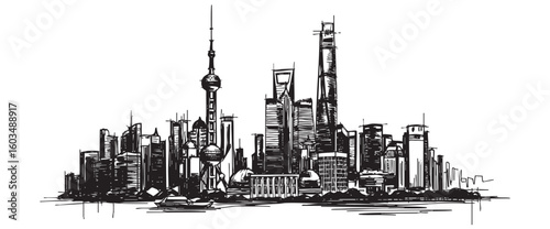 shanghai china cityscape tall building engraving sketch vector illustration