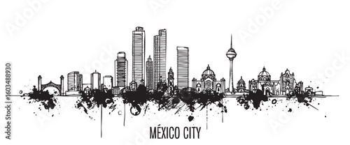 mexico cityscape tall building engraving sketch vector illustration
