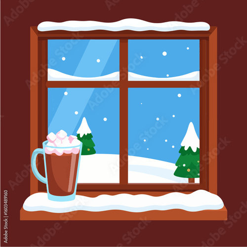 Cozy winter illustration featuring a mug of hot chocolate with marshmallows by a snow-covered window overlooking a snowy landscape with pine trees and falling snowflakes.