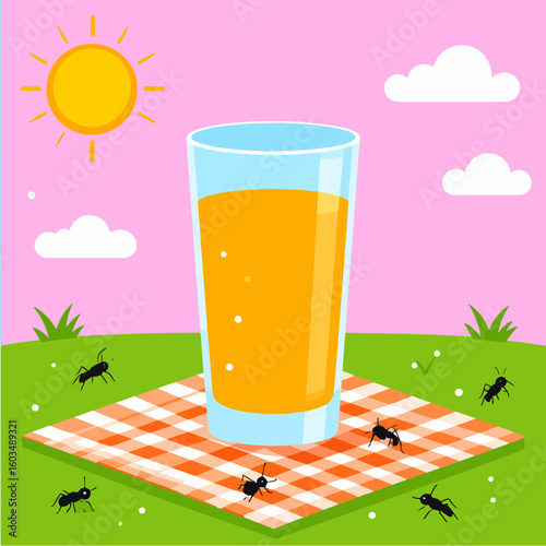 Cartoon illustration of ants surrounding a glass of orange juice on a picnic blanket under a bright sun, evoking summertime, outdoor fun, and the playful challenges of nature.