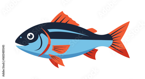 Stylized aquatic life illustration featuring a vibrant fish with sharp fins and blue hues, portraying a simple representation of ocean fauna