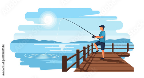 Peaceful waterside angling experience depicted in a stylized cartoon format of leisure outdoor activity scenery design
