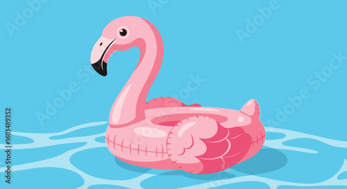 Playful summer fun: A pink flamingo pool float adrift on serene blue water surfaces brings a delightful atmosphere