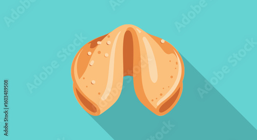 Minimalist Fortune Cookie Illustration on Turquoise Backdrop: Symbol of Cultural Prediction and Future Hope