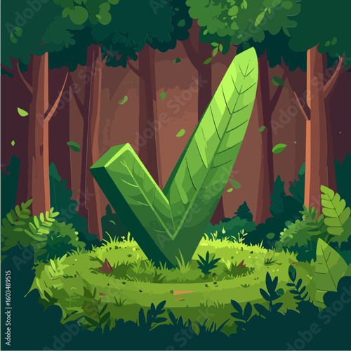 An ecological symbol of approval or correctness with a leaf checkmark set amidst a serene forest backdrop, representing nature's endorsement and eco-friendly validation.
