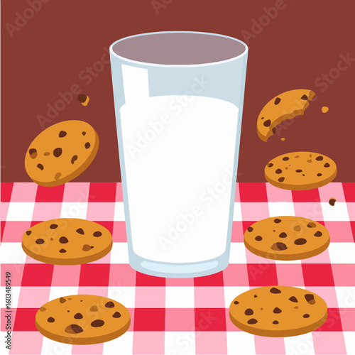 Whimsical illustration of a glass of milk and chocolate chip cookies scattered across a red and white checkered tablecloth, perfect for a sweet treat or snack time.