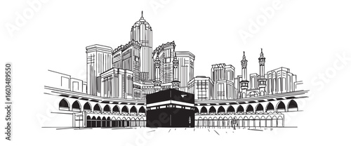mecca saudi arabia cityscape tall building engraving sketch vector illustration