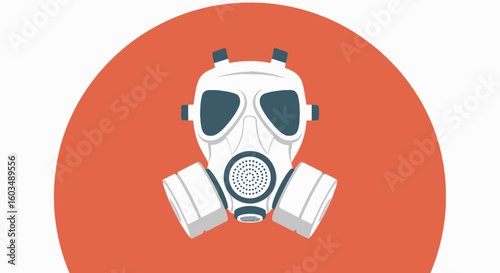 Graphic Representation of a Protective Gas Mask on a Vivid Coral Circle Backdrop Indicating Precaution and Prevention Measures