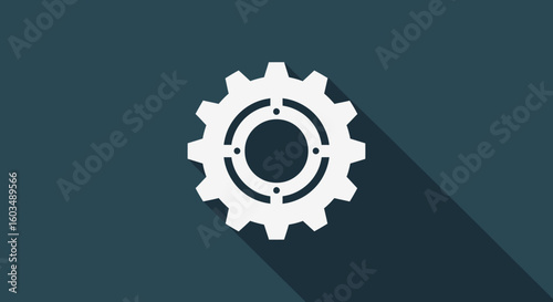 A minimalist illustration of a white gear with a target symbol on a dark teal background featuring a dynamic long shadow effect